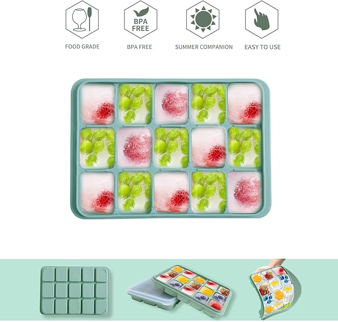 Ice Cube Trays Set of 4 (Green & Gray) - 15 Flexible Silicone Molds with Removable Lids, Easy Release, Stackable, BPA-Free for Whiskey and Baby Food