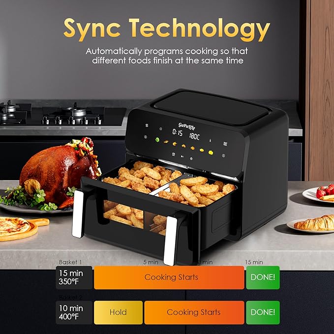 11QT Dual Air Fryer, Double Basket Air Fryer with 2×5.5QT Baskets, Digital Touchscreen Control, Easy-View Window, SyncCook Function, Cook 2 Dishes at Once for Family of 4-6, 1700W,Dark Black