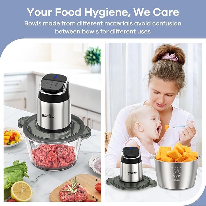 GANIZA Food Processors, Electric Chopper with Meat Grinder & Veggie Chopper - 2 Bowls (8 Cup+8 Cup) with Powerful 450W Copper Motor - Includes 2 Sets of Bi-Level Blades, 2 Plastic Covers