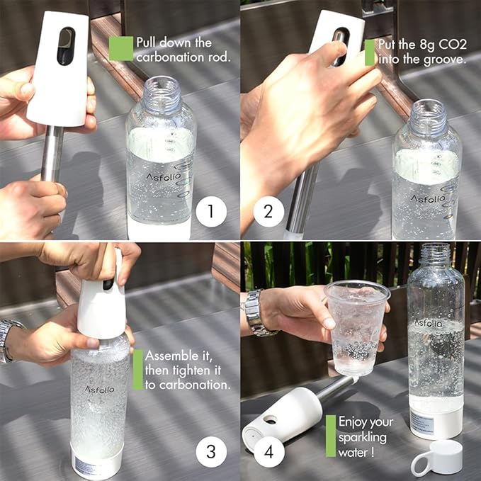 Portable Sparkling Water Maker - Travel Soda Maker for Home & Outdoor, 1L Carbonating Bottle, 10 pcs CO2 Cylinders, Compact Carbonated Water Machine for Flavored Drinks, Soda Machine (White)