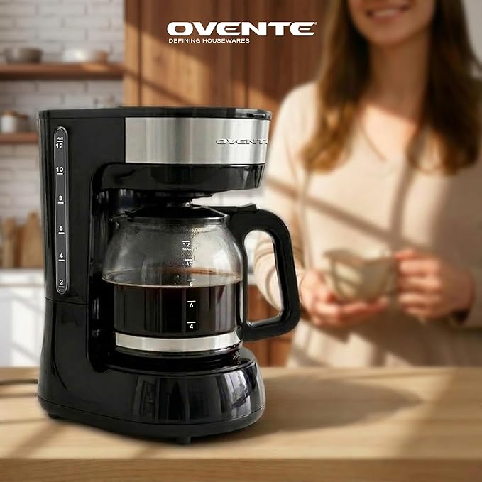 OVENTE 12-Cup Drip Coffee Maker with Borosilicate Glass Carafe, One-Touch Operation Machine, Anti-Drip System, Reusable Filter and Clear View Water Level Gauge, Ideal for Home or Office, Black CM412B