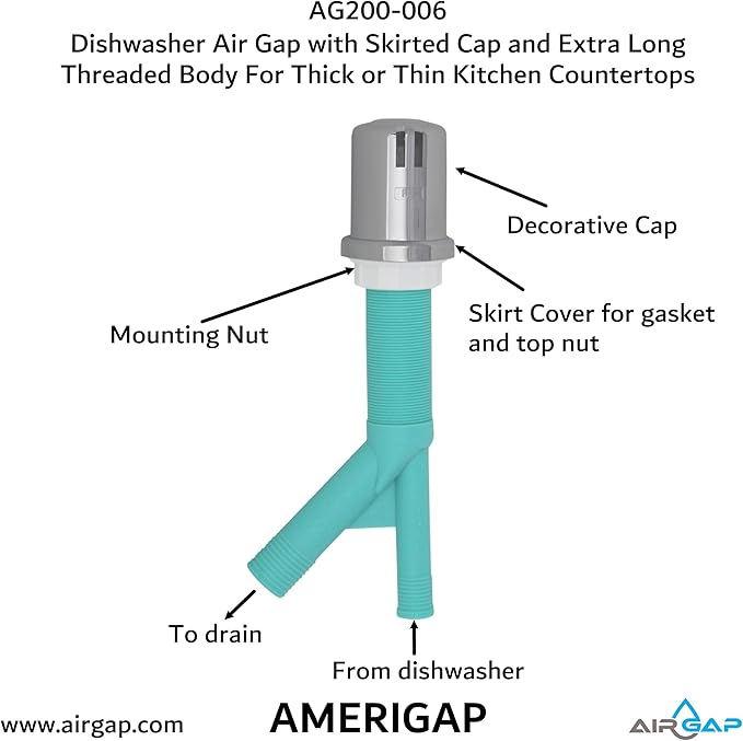 Dishwasher Air Gap with Skirted Cap and Extra Long Threaded Body for Thick or Thin Kitchen Countertops (AG200-006, AG200-003, 52, AMERIGAP)