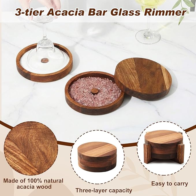 Mifoci Bar Glass Rimmer Bartender Tool with 12 Pcs Stainless Steel Classic Bottle Pourer Bar Caddy with 6 Compartment 1000 Pcs Coffee Cocktail Stirrers 200 Napkin (3 Tier,Multifunctional Acacia Wood)