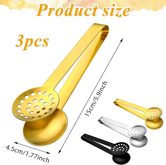 3 Pcs Tea Bag Squeezer Tongs, Stainless Steel Teabag Strainer Dispenser Tea Filter Spoon Clamp Dispenser Accessories for Gripping Teabags Ice Sugar Lemon Slice (Black, Silver, Gold)
