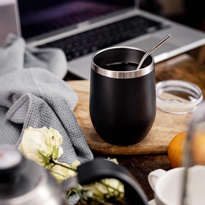 COMOOO 12oz Stainless Steel Wine Tumbler Lid and Straw, Double Wall Vacuum Insulated Wine Tumbler Cup, Stemless Wine Tumbler for Cold and Hot Drinks, Coffee, Wine, Cocktails, Black,16 pack