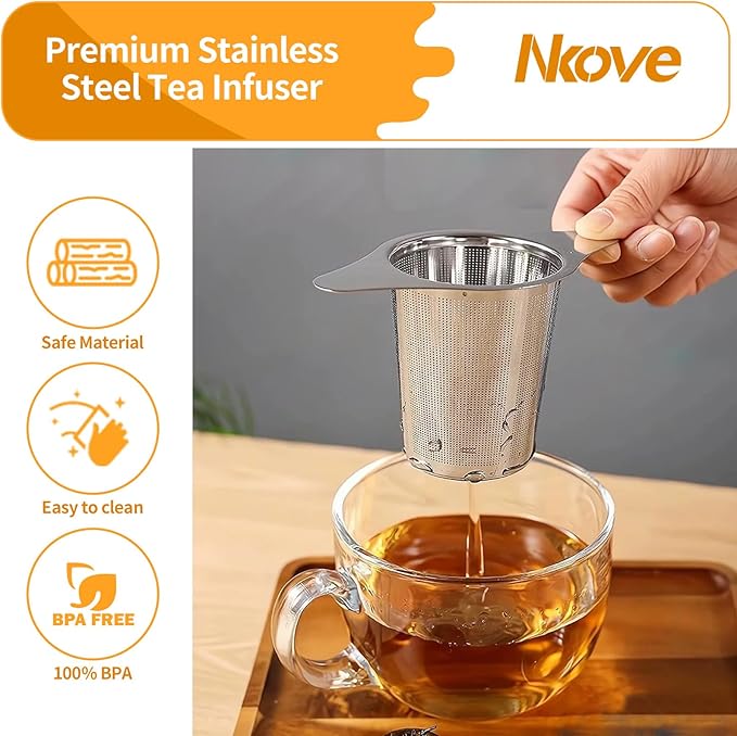 NKOVE Universal Tea Infuser with Lid Stainless Steel Filter Fits Mugs Cups Teapots Food Grade