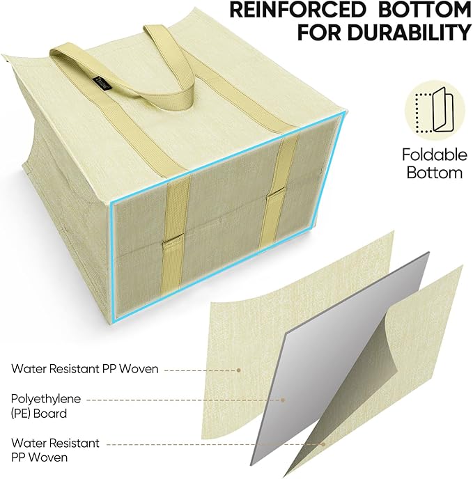 BALEINE 4 PK Grocery Bags Reusable Shopping Bags with Reinforced Bottom, Heavy Duty Foldable Tote Bags (Beige)