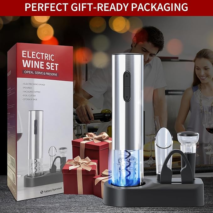 5-in-1 Electric Wine Opener Set Automatic Wine Opener Battery Operated Wine Bottle Opener with Wine Stopper, Wine Pour, Foil Cutter, Storage Base, Gift For Wine Lovers（Stainless Steel ）