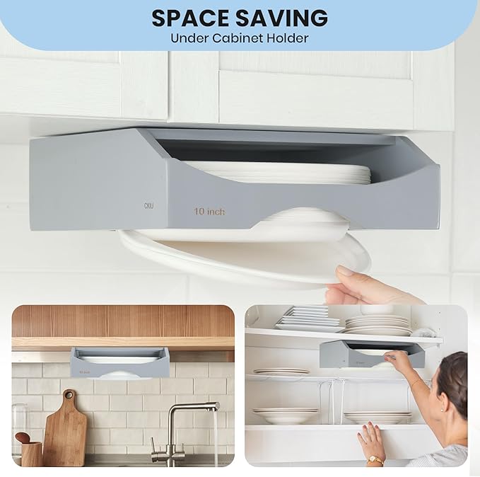 10-inch Paper Plate Dispenser Under Cabinet, Bamboo Paper Plate Holders, Kitchen Counter Vertical Plate Dispensers Holders Countertop Caddy (For 10-inch Plates,Gray)