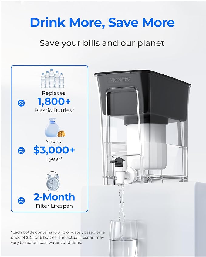 Waterdrop TDS Reduction Water Filter Pitcher, 6-Stage Advanced Filtration, Reduces TDS, Chlorine, PFOA/PFOS and More for Healthier, Lasts Up to 2 Months, 35-Cup, Long-Life Dispenser (with 1 Filter)