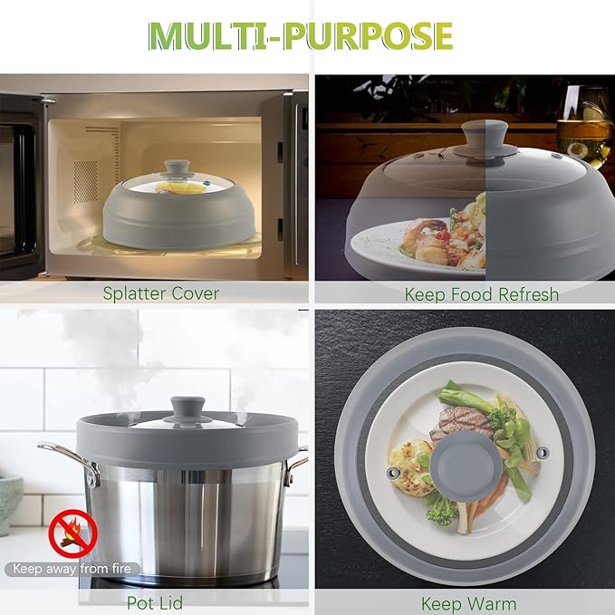Microwave Splatter Cover for Food,10.5 Inch Collapsible Silicone and Glass Cover Splatter Guard Lid, Microwave Cover with Steam Vent,Food Grade,Dishwasher Safe