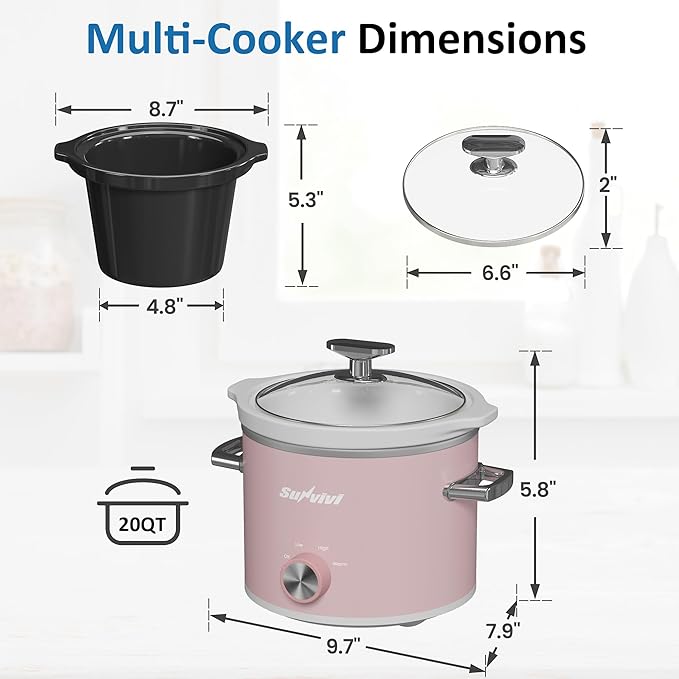 SUNVIVIPRO Small Slow Cooker with Removable Ceramic Pot, Food Warmer with 3 Heating Settings & Dishwasher Safe Glass Lid, Pink