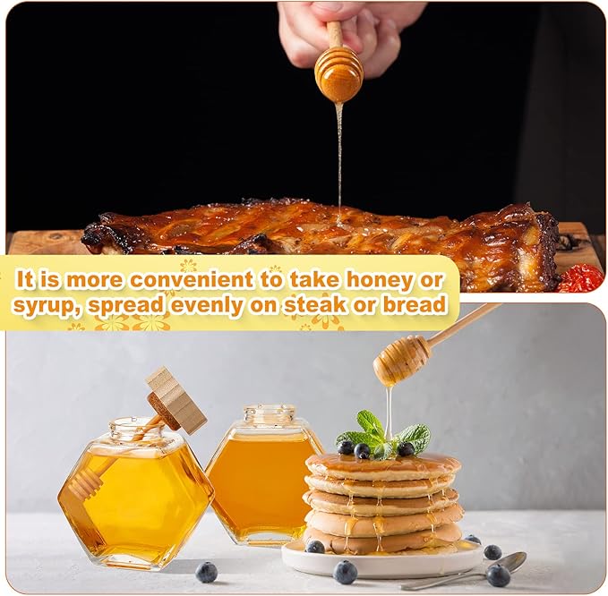 Sunnyray 8 Pcs Glass Honey Jars with Dipper Hexagonal Clear Glass Dispenser Small Honey Containers Bottle with Wooden Dipper and Cork Lid for Home Storage Kitchen (220 ml)