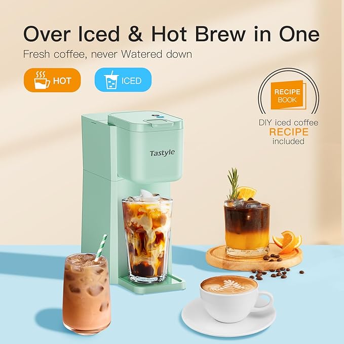Tastyle Mini Hot and Iced Coffee Maker Single Serve, for K Cup and Ground, 6 to 14 Oz Brew Sizes, with Recipe Book, for Home, Travel, RV, Office and Dorm, Mint