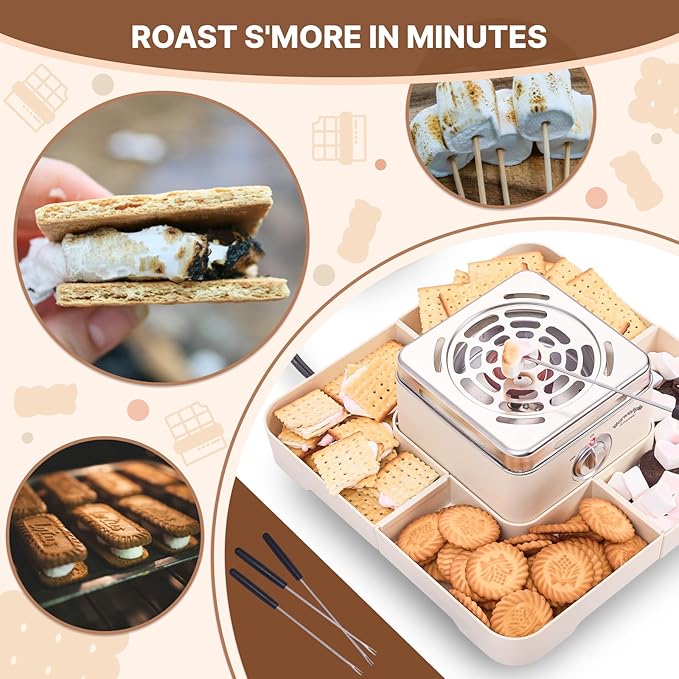 Electric Smores Maker - Indoor Smores Kit with 4 Detachable Trays, 4 Stainless Steel Forks - Flameless Smores Maker Tabletop Indoor Kit (White)