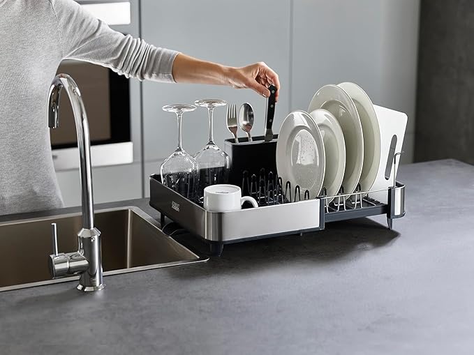 Joseph Joseph Extendable Dish Drying Rack with Dual Parts - Stainless Steel, Non-Scratch, Movable Utensil Drainer & Drainage Spout, Gray