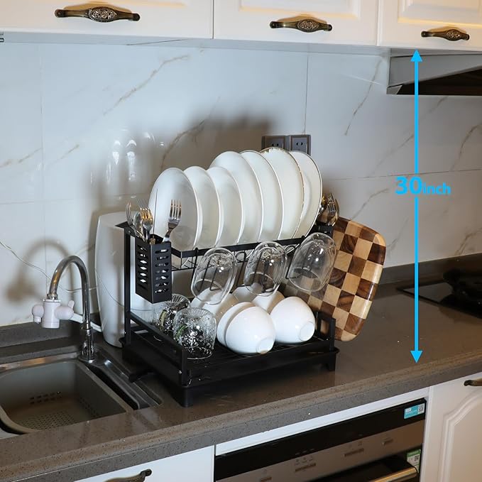 B-Land Dish Drying Rack: 2 Tier Dish Racks for Kitchen Counter and Sink - Large Dish Drying Rack with Drainboard & Utensil Holders - Stainless Steel Dish Drainers Kitchen Organization and Storage