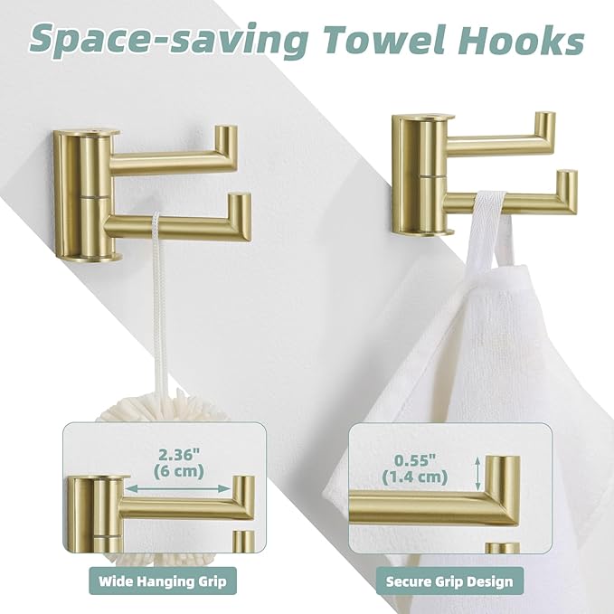 APLusee 2-Pack Brushed Gold Swivel Double Towel Hooks, 304 Stainless Steel Wall Hooks with 2 Arms, Space-Saving Towel Hangers for Bathroom Kitchen RV