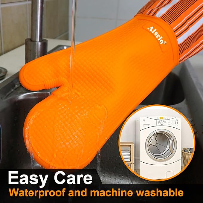 Alselo Oven Mitts Heat Resistant Silicone Kitchen Gloves for 550 Degrees with Waterproof and Non-Silp, Oven Gloves for Baking Cooking Barbecue Microwave Machine Washable (Extra Long Orange, 2)