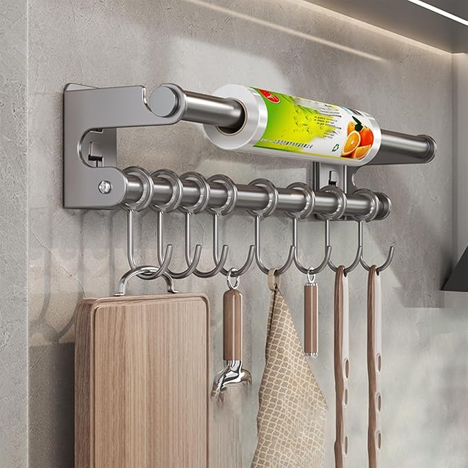 Kitchen Utensil Hanger, Adhesive Kitchen Utensil Rack Holder Wall Mount, 304 Stainless Steel Pots and Pans Hanging Rack with 8 Sliding Hooks, Space Saving and No Drilling, Gray