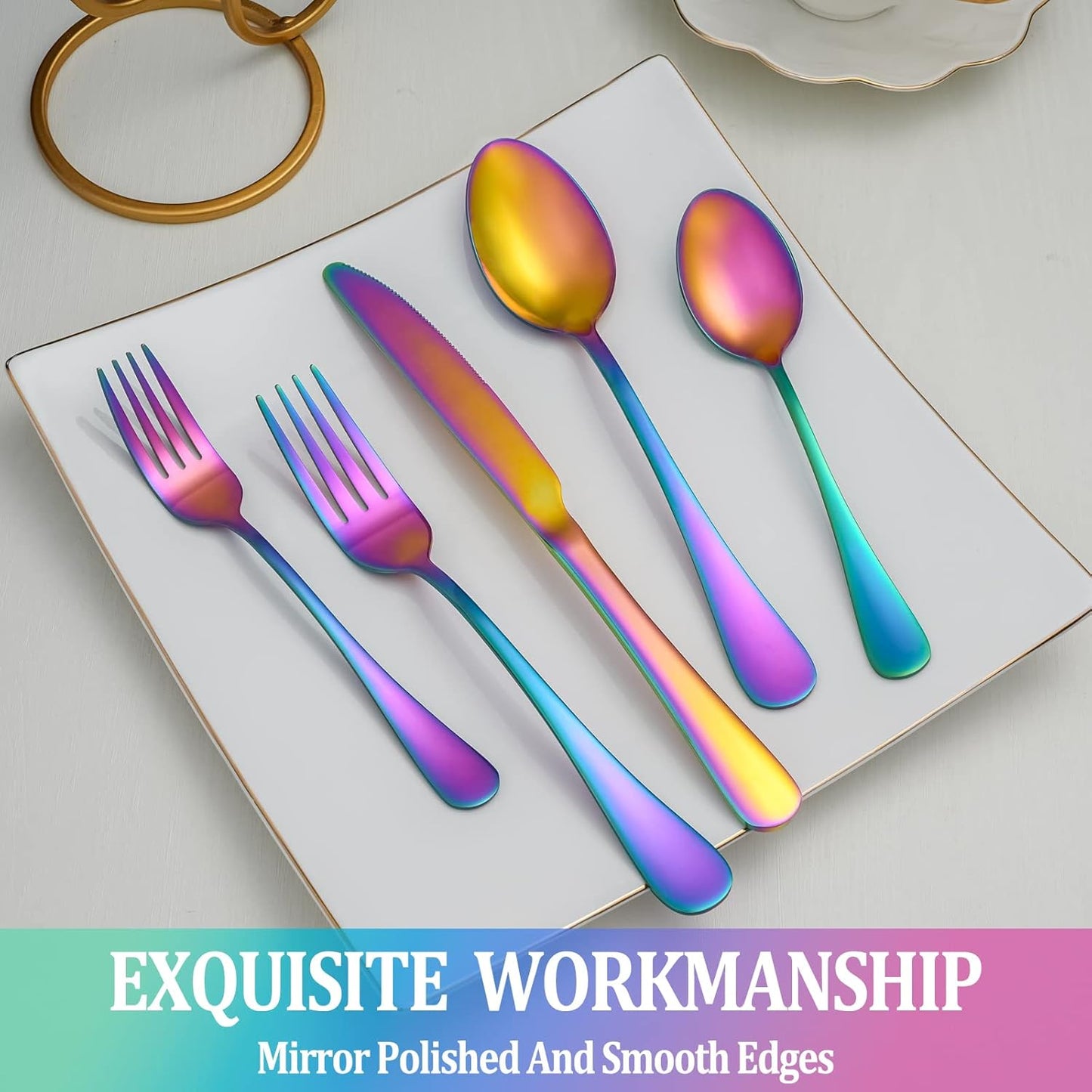 60 Pcs Rainbow Silverware Set Service for 12,Stainless Steel Flatware Serving Sets,Kitchen Tableware Set,Utensil Set for Home and Restaurant,Knives Forks Spoons Set,Mirror Polished,Dishwasher Safe