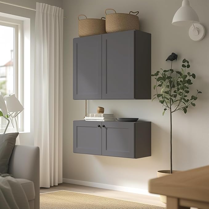 Wall-Mounted Cabinet – Solid Wood Shaker Style Medicine Cabinet with Adjustable Shelves & Soft-Close Doors for Bathroom, Kitchen, and Office Storage (Pebble Gray, 33" W x 12" D x 36" H)