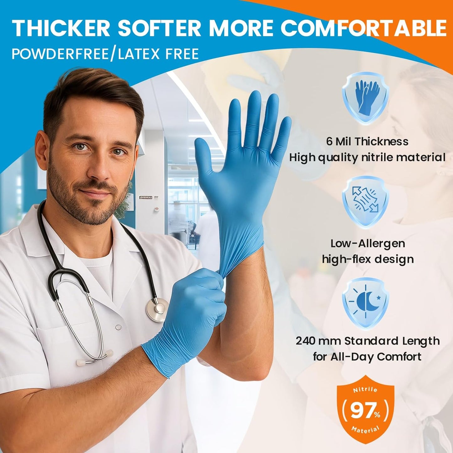 Nitrile Exam Gloves 6mil – Latex-Free, Powder-Free, Textured for Cleaning and Food Handling(Blue of 1000, Medium)