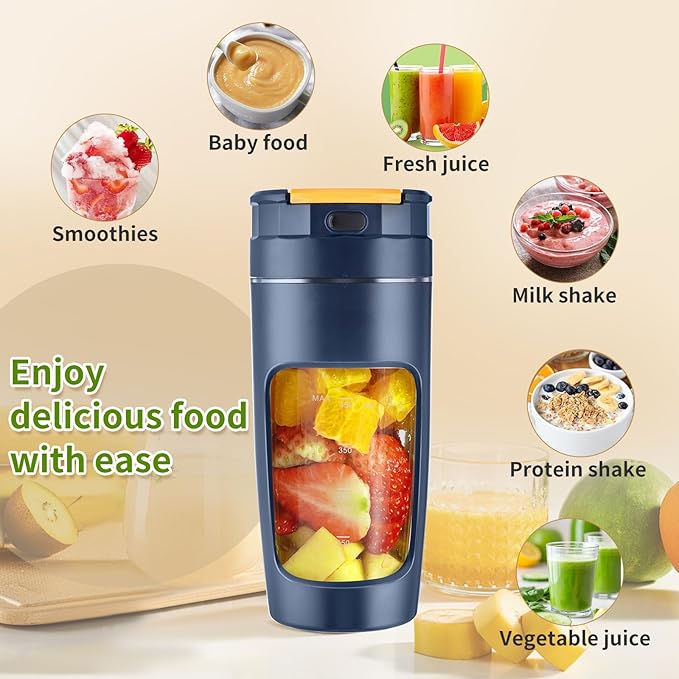 Slim Portable Blender Cup, 20oz (600ml) Personal Travel Juicer with Leakproof Lid, USB-C Rechargeable Licuadora Portatil for Smoothies and Shakes, Auto-Cleaning(dark blue)