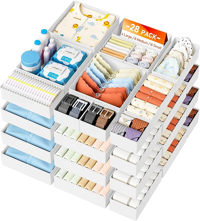 DIMJ Drawer Organizer Clothes 28 Pack - Foldable Baby Organizers and Storage & Closet Organizers for Bedroom, Closet - Nursery Organization Dresser Dividers for underwear, Sock,Bra, Belt, Tie,White