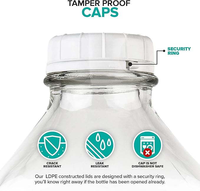 Stock Your Home Half Gallon Glass Milk Bottle with Lid (4 Pack) 64 Oz Jugs and 8 White Caps, Reusable Food Grade Milk Container for Refrigerator, Bottles for Juice, Oat or Plant Milks, Water, Honey