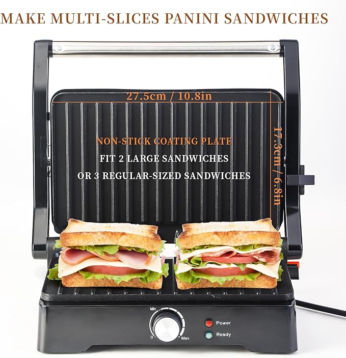 Panini Press Grill Sandwich Maker, Large Electric 3 in 1 Panini Sandwich Maker Grill, Open 180 Degrees for Grill Indoor, Perfect for Grilling Steaks, Burger, Sandwich,Non-stick Pan