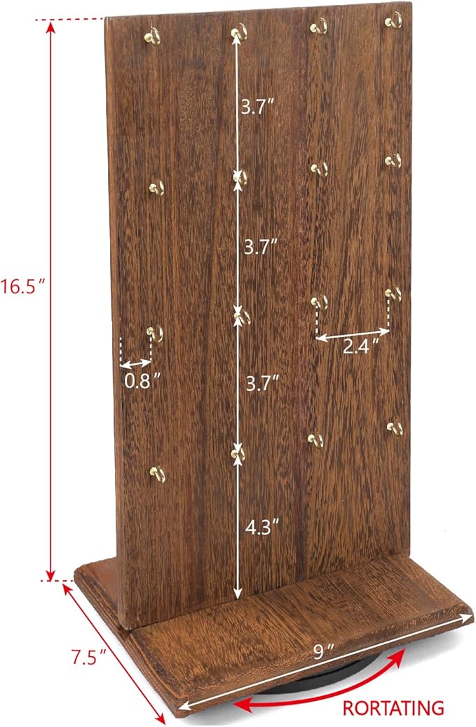Ikee Design 2 Pcs Wooden Rotating Two-Sided Jewelry Display Stand, Rotating Organizer with 32 Hooks for Store, Keychain Earring Display with Hooks, Brown color, 9 W x 7.5 D x 16.5 H in