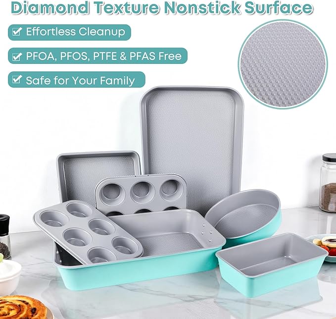 21-pieces Stackable Nonstick Bakeware Set, PTFE/PFOA/PFOS Free Baking Pans Set with Silicone Cup, Oven Mitt, Complete Kitchen Baking Kit for Cake & Loaf, Cookies, Cupcakes