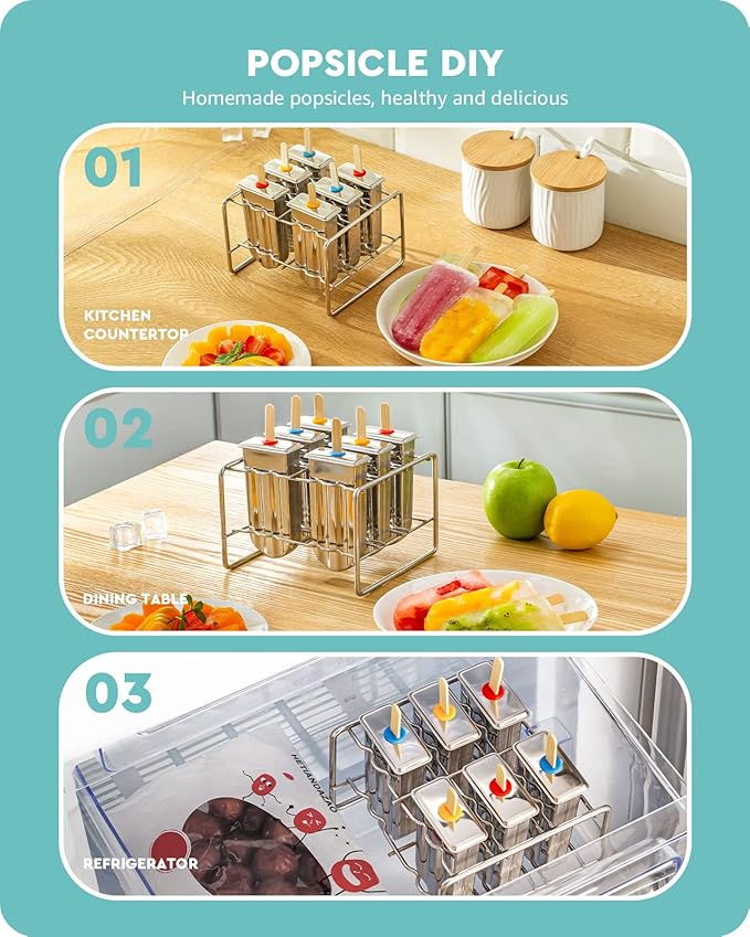 Baffect Metal Popsicle Moulds, Set of 6 Round Head Stainless Steel Ice Lolly Molds with Holder, Fast Freezing Ice Cream Makers with Lollipop Sticks and Bags