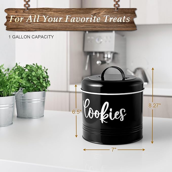 DAYYET Farmhouse Cookie Jar for Kitchen Counter, 1 Gallon Vintage Cookie Jar with Airtight Lid, Large Food Storage Container for Candy, Cookies, Dessert, Black Kitchen Decor and Accessories