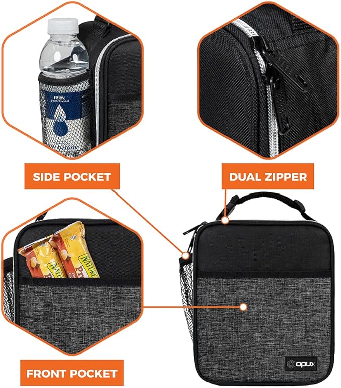 opux Premium Insulated Lunch Box, Soft School Lunch Bag for Kids Boys Girls, Leakproof Small Lunch Pail Men Women Work, Reusable Compact Cooler Tote Lunchbox for Office Adult, Heather Charcoal