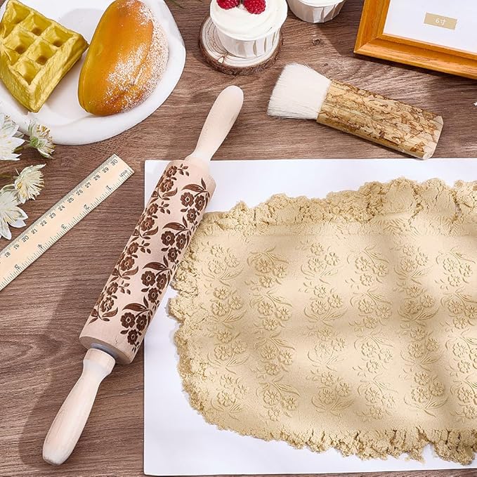 Embossed Wooden Rolling Pin Flower Leaves Print 35cm Rolling Pin for Baking Biscuits 3D Pattern DIY Kitchen Tool Baking Accessories Homemade Bakery Pastry Cookie Fondant Dough Pizza