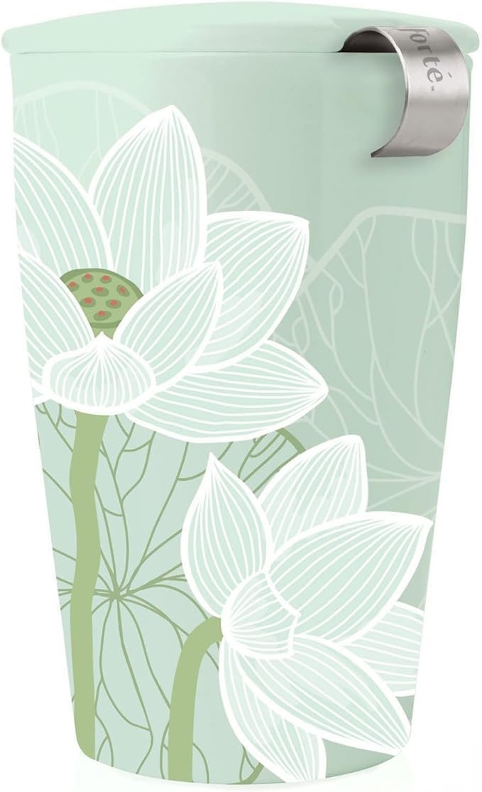 Tea Forte Double-Walled Ceramic Kati Cup, Removable Stainless Steel Infuser Basket and Lid, Steeps 12 oz Loose Leaf Tea, Dishwasher & Microwave Safe, Gifts for Mom, Lotus Blossom