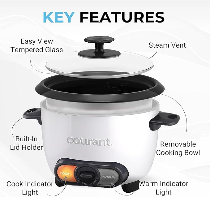 Courant large rice cooker, 30 Cup cooked One-Touch large capacity rice cooker family Removable Non-Stick Bowl, with steamer try, white