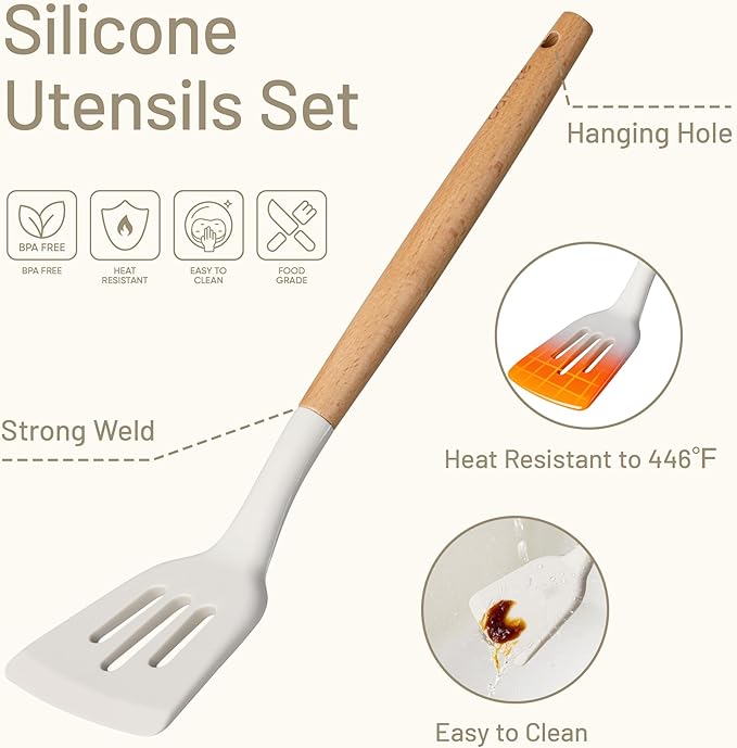 CAROTE 22pcs Silicone Cooking Utensils Set, 446°F Heat Resistant Kitchen Utensils Gadgets Set, Spatula, Turner, Whisk, Tongs