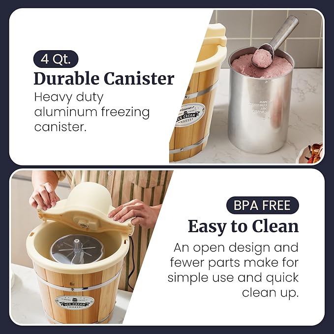Elite Gourmet EIM924LX 4 quart Old Fashioned Electric Ice Cream Maker, Pine Bucket