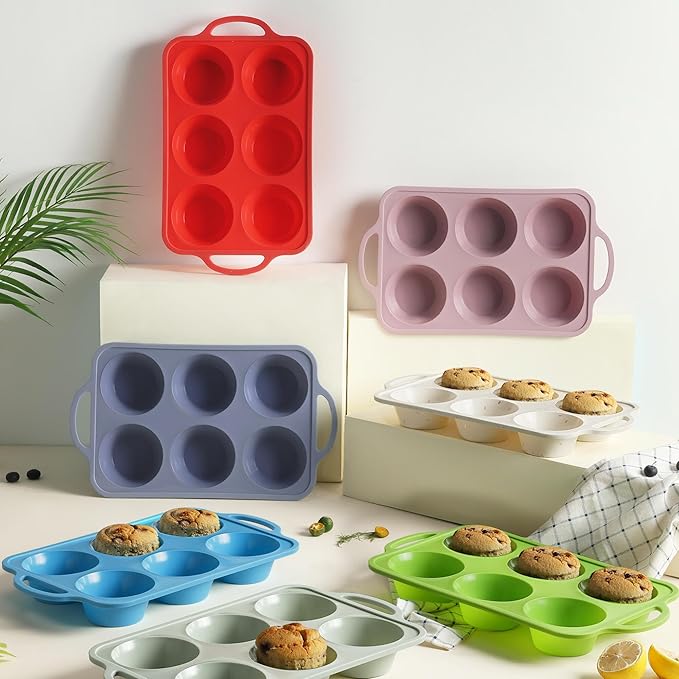 Socisen 2 Packs 6 Cups Silicone Muffin Pan with Metal Reinforced Frame Jumbo Size Cupcake Pan Tray Egg Bites Silicone Circle Cookie Molds Muffin Tin Tart Pans Large Big Baking Sheet Set for Breakfast
