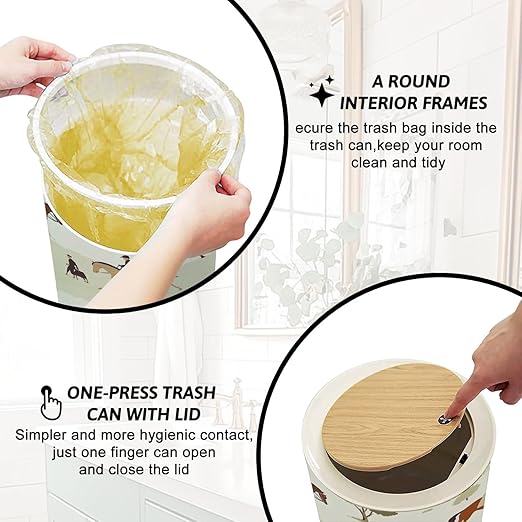 Trash Can with Lid Tradition hunting horse english style landscape seamless pattern Press Cover Round Small Garbage Bin with Wooden Legs Waste Basket for Kitchen Bedroom Nursery 7L/1.8 Gallon