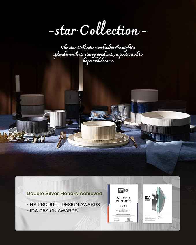 Famiware Star Stoneware Dinnerware Sets for 4 (16pcs), Chip Resistant, Microwave and Dishwasher Safe Complete Dishes, Pasta Bowl, Cereal Bowl, Dinner Plate, Salad Plate, Ribbed, Matte Sage Green