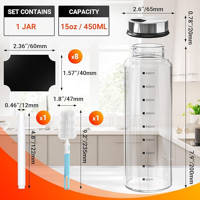 Segarty 15oz Spice Jar with Accessories, 1pc Empty Storage Container with Shaker Lid Adjustable Pour Holes Scale Lines for Pepper Sugar, Large Spices Container with 8 Blank Labels, 1 Brush 1 Chalk Pen