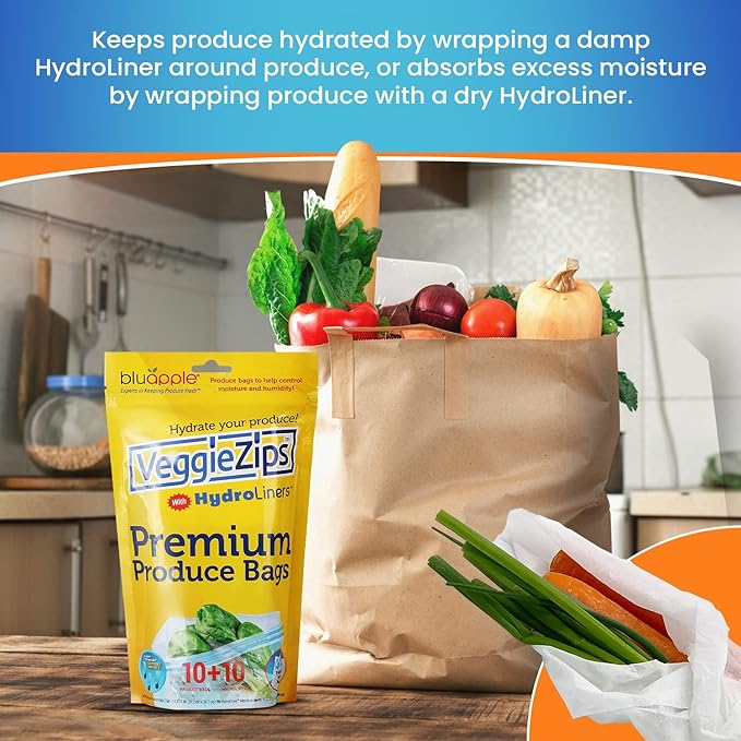 Bluapple VeggieZips Premium Produce Storage System - 20 Piece Set, 10 Food Saver Bags + 10 HydroLiners, Keep Produce Fresh Longer, Washable & Reusable Bags with Humidity Control for Fruit & Vegetables