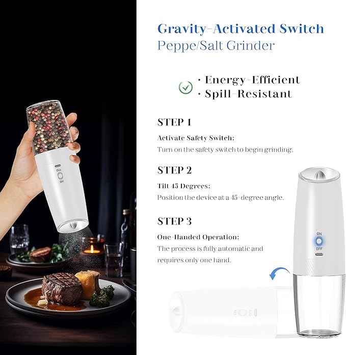 Rechargeable Salt And Pepper Grinder Set, Gravity Electric Salt And Pepper Grinder Set Electric, Salt And Pepper Shakers Set Electric, Adjustable Coarseness, LED Light, (Black+White)