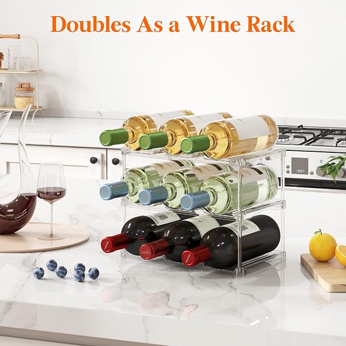 Lifewit Stackable Bottle Storage Organizer, Clear Freestanding Wine Holder for Cabinet, Large Slot Water Bottle Tumbler Cup Organizer for Pantry, Plastic Wine Rack for Fridge Cellar, 3Tier Hold 9