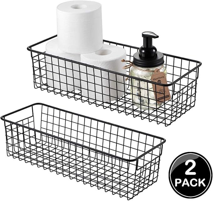 Sheechung Farmhouse Decor Metal Wire Storage Organizer Bin Basket(2 Pack) - Rustic Toilet Paper Holder - Storage Organizer for Bathroom, kitchen cabinets,Pantry, Laundry Room, Closets, Garage (Black)
