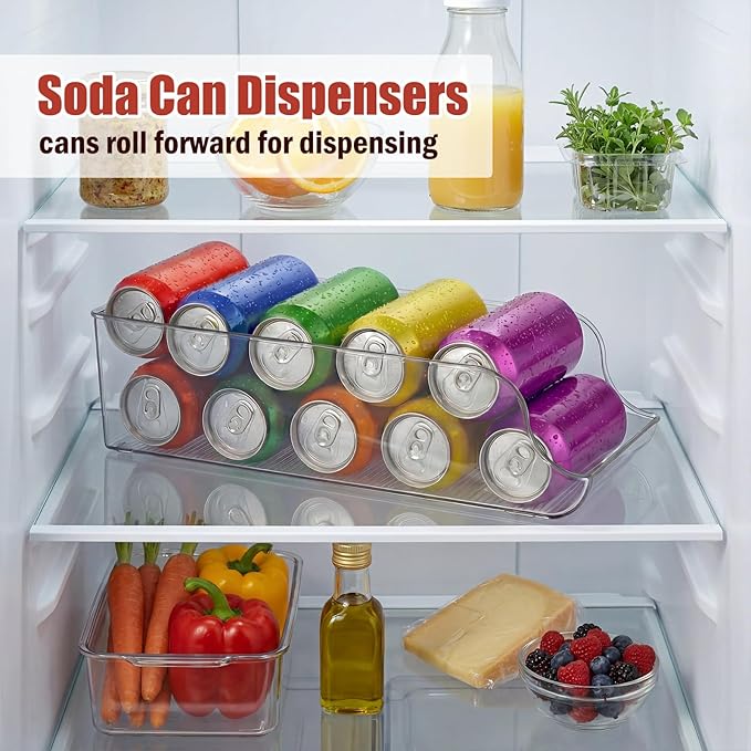 4 Pack Soda Can Organizer, Drink Organizer for Fridge, Clear Kitchen Pop Can Storage Organizer Soda Dispenser for Refrigerator Pantry